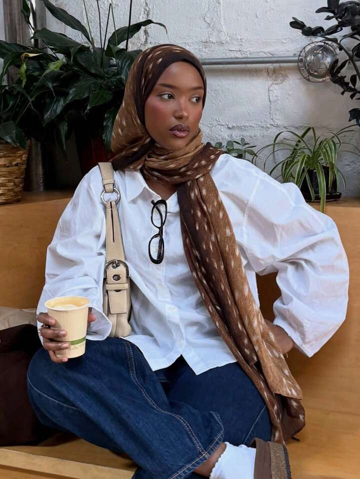 Camel Oversized Blazer with Grey Linen Trousers Camel Oversized Blazer with Grey Linen Trousers — Hijab Outfits 2027