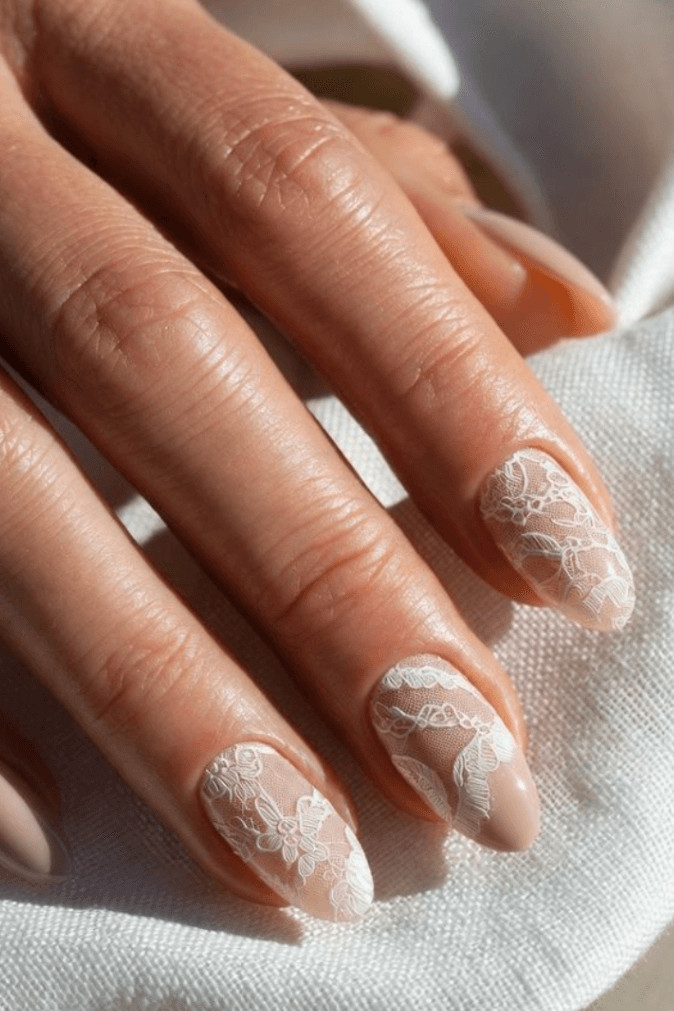 Delicate White Lace on Nude Ovals Delicate White Lace on Nude Ovals — Lace Nails 2027