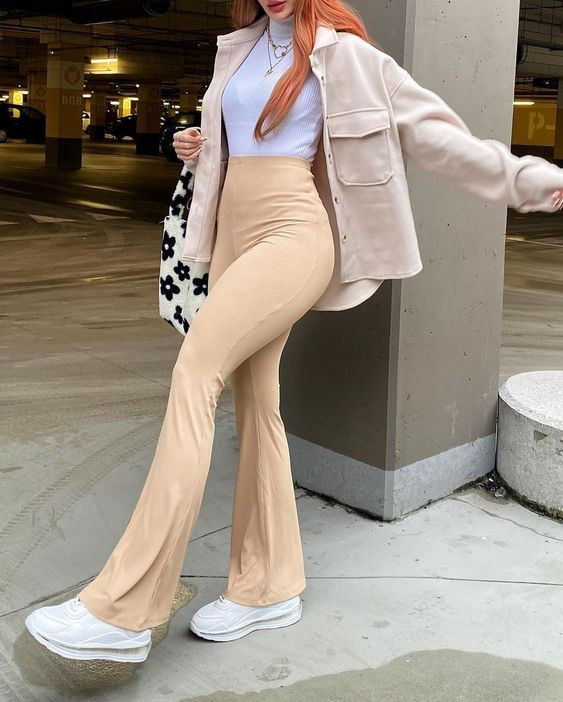 Ribbed Texture: Beige Flare Pants with Shacket and Tote Bag Ribbed Texture: Beige Flare Pants with Shacket and Tote Bag — Flare Leggings Outfits 2027
