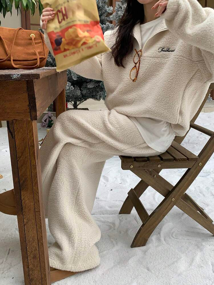 Cream Fleece Zip-Up Top with Wide-Leg Pants Cream Fleece Zip-Up Top with Wide-Leg Pants — Fleece Outfits 2027