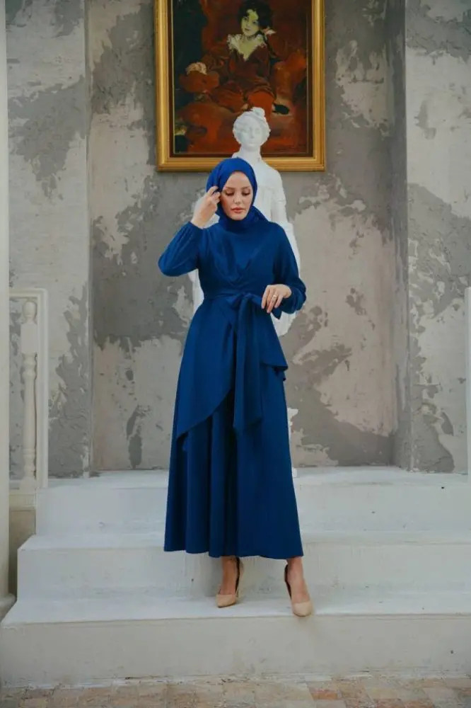 Royal Blue Crepe Wrap Dress with Tie Belt and Hijab Royal Blue Crepe Wrap Dress with Tie Belt and Hijab — Modest Dresses 2027