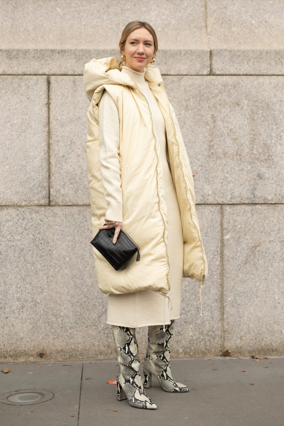Winter Texture: Cream Vest with Knit Dress and Snake Boots Winter Texture: Cream Vest with Knit Dress and Snake Boots — Puffer Vest Outfits 2027