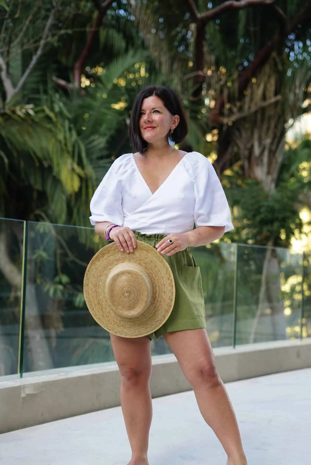 White Linen Wrap Top and Olive Green Shorts for Beach Style White Linen Wrap Top and Olive Green Shorts for Beach Style — Cabo Outfits 2027