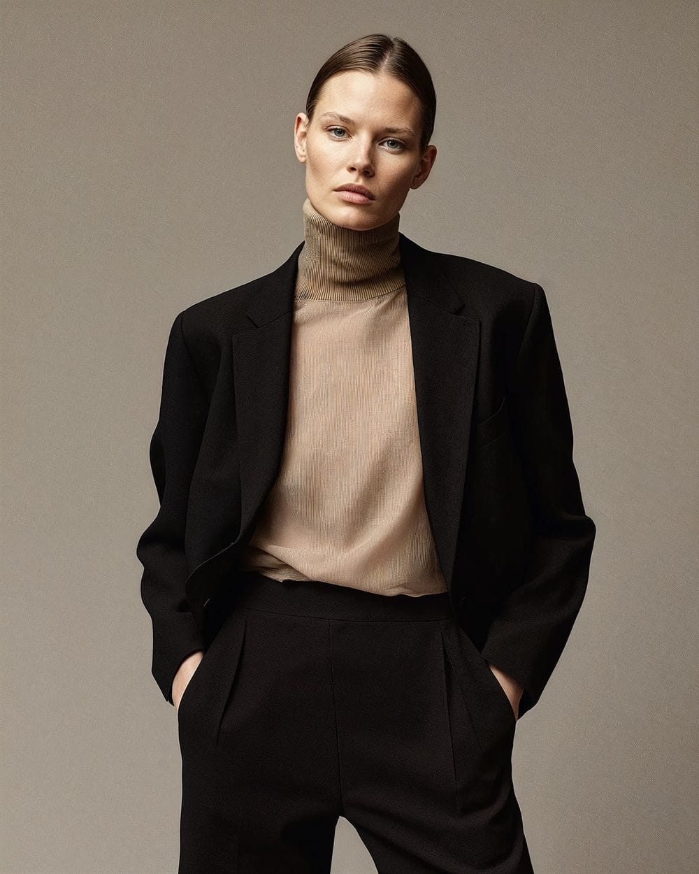 Beige Turtleneck Under Black Oversized Blazer with Tailored Trousers Beige Turtleneck Under Black Oversized Blazer with Tailored Trousers — Turtleneck Sweater Outfits 2027
