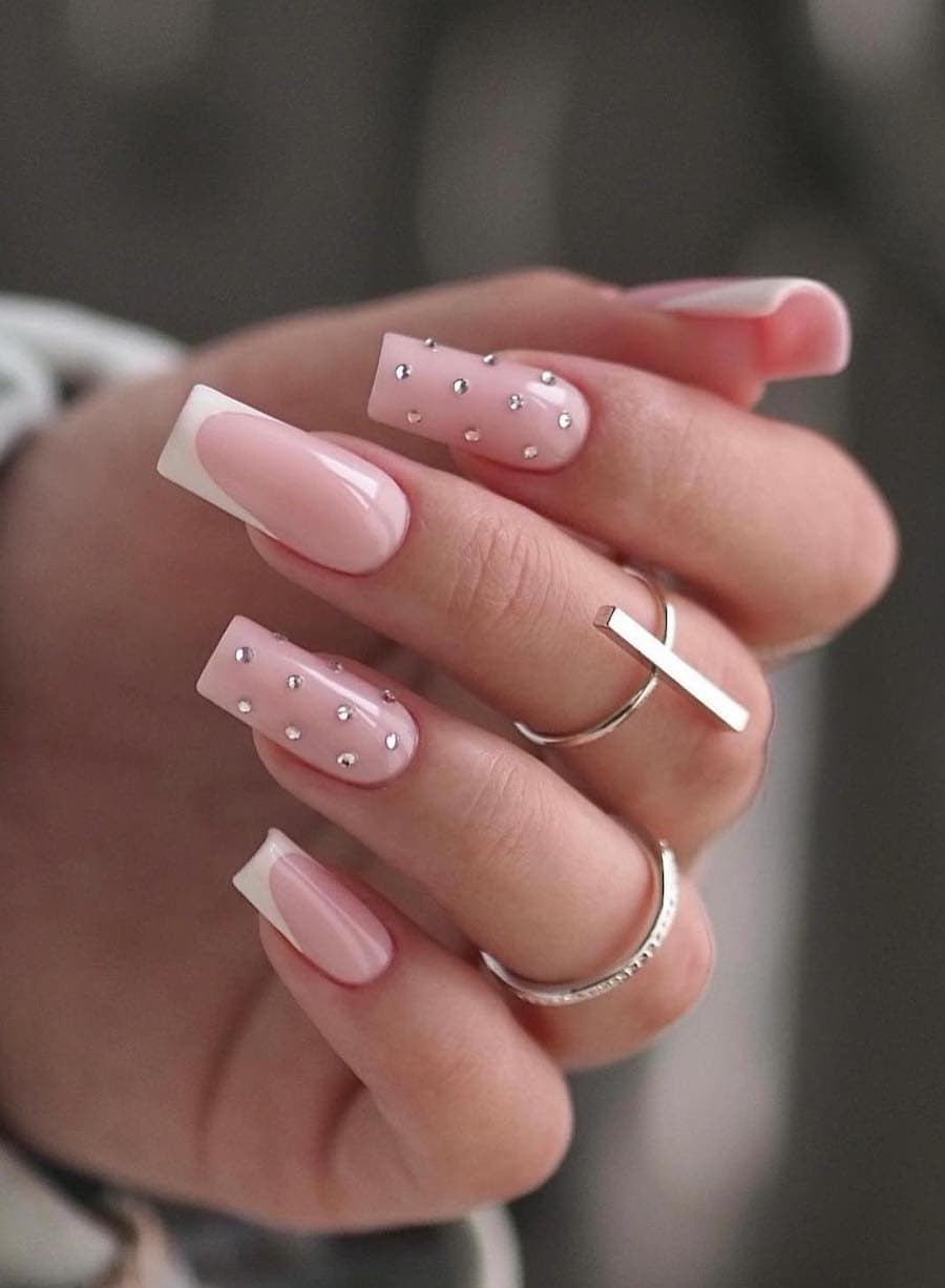 Pale Pink Rhinestone French Birthday Coffin Nails — Birthday Nails Coffin 2027