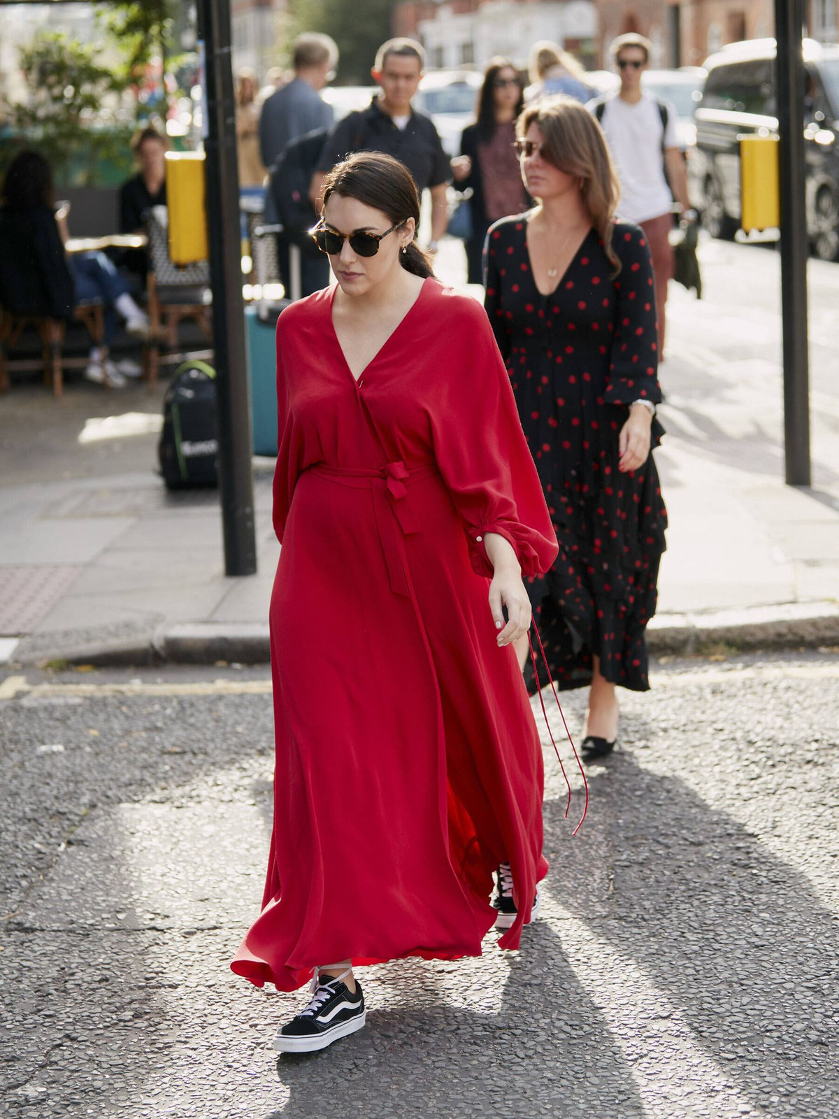 Flowing Red Wrap Dress Paired With Vans Flowing Red Wrap Dress Paired With Vans — Sneakers 2027 with Dress Outfits