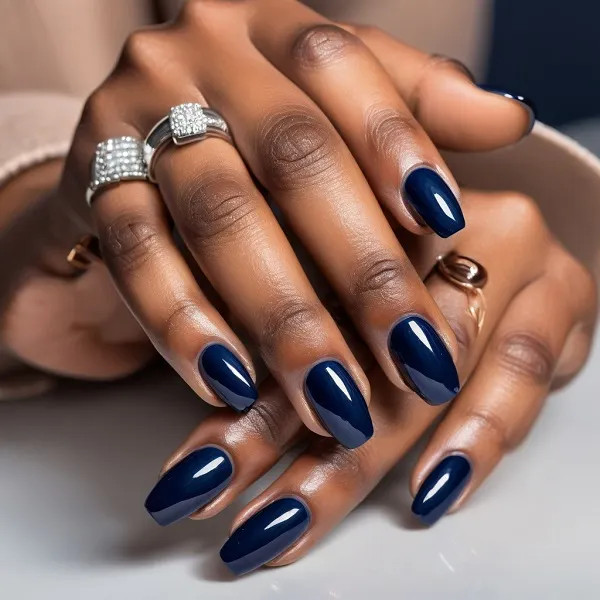 Solid Color On All Nails High-Gloss Deep Navy Blue Coffin Nails — Nails 2027 for Brown Skin