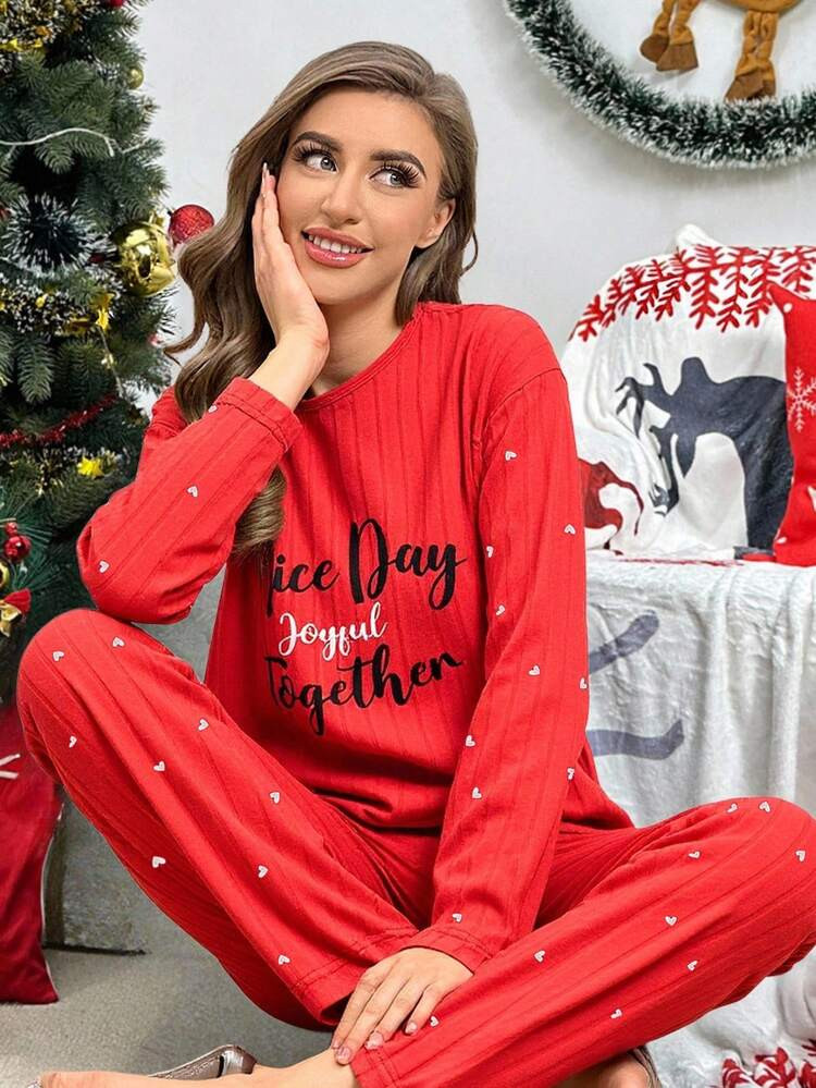 Minimalist Red Plush Knit Pajamas with Heart Embroidery Minimalist Red Plush Knit Pajamas with Heart Embroidery — Matching Christmas Outfits 2026