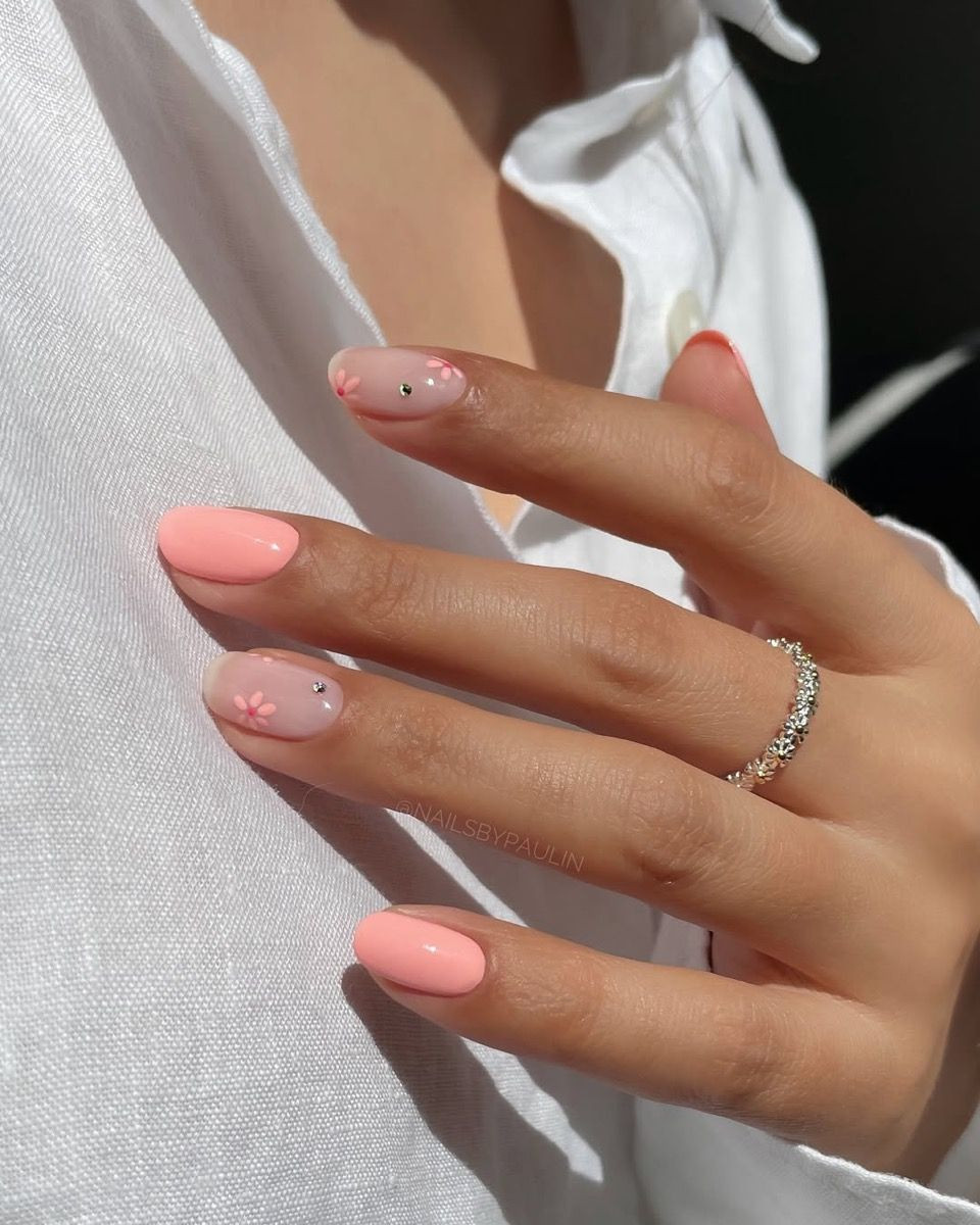 Light Coral Pink with Floral Accents Light Coral Pink with Floral Accents — Pink Summer Nails 2027