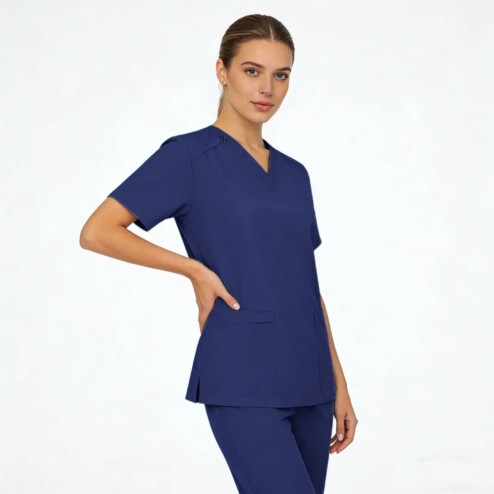 Navy Blue V-Neck Scrubs with Shoulder Button Detail — Nurse Outfits 2027