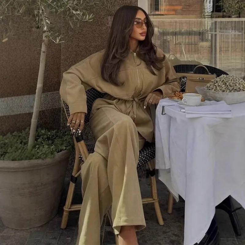 Beige Twill Set: Zip-Up Jacket with Tie Waist and Wide-Leg Trousers Beige Twill Set: Zip-Up Jacket with Tie Waist and Wide-Leg Trousers — Matching Set Outfits 2027
