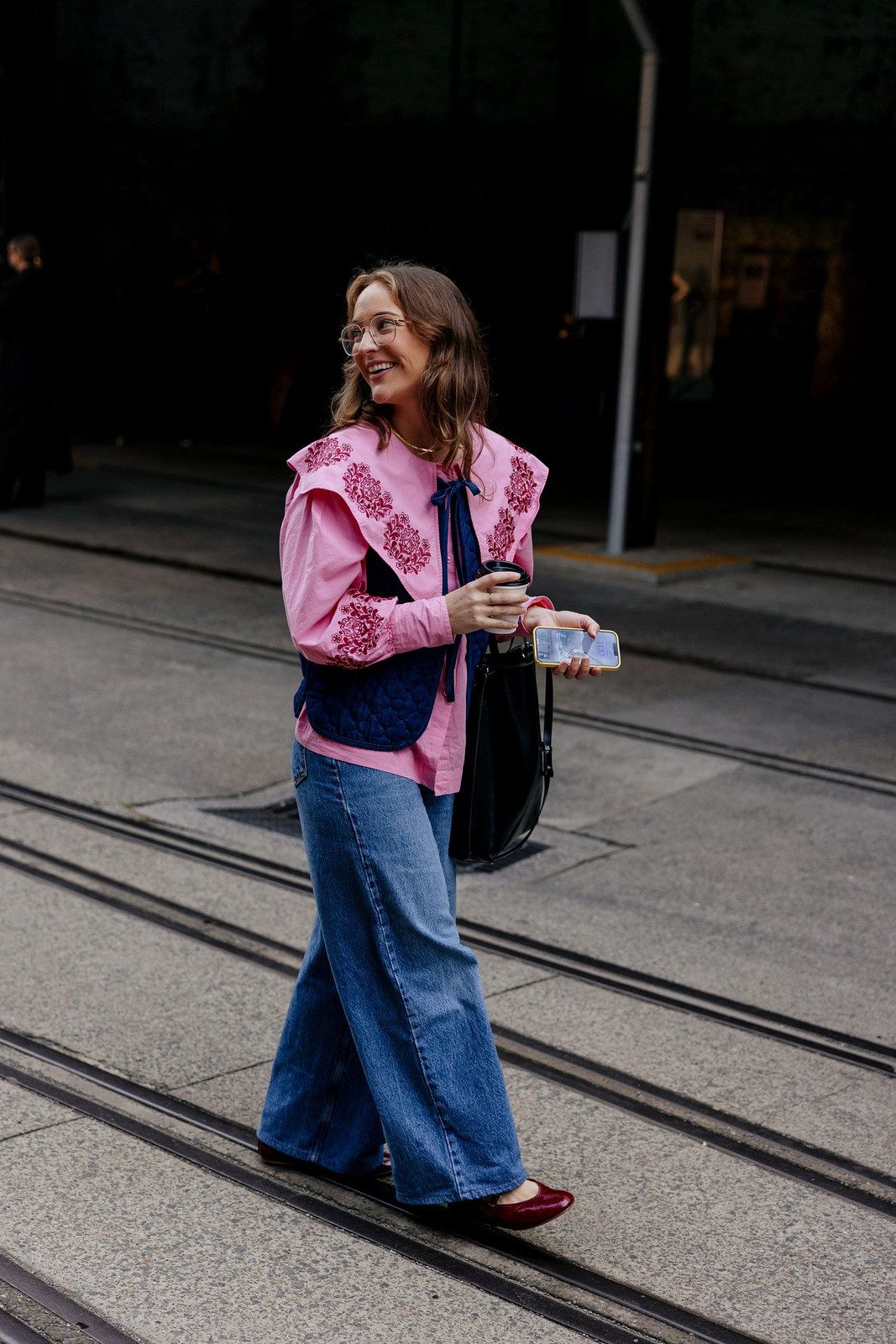 Embroidered Collar Shirt and Quilted Vest with Wide-Leg Denim — Wide Leg Jeans Outfits 2027