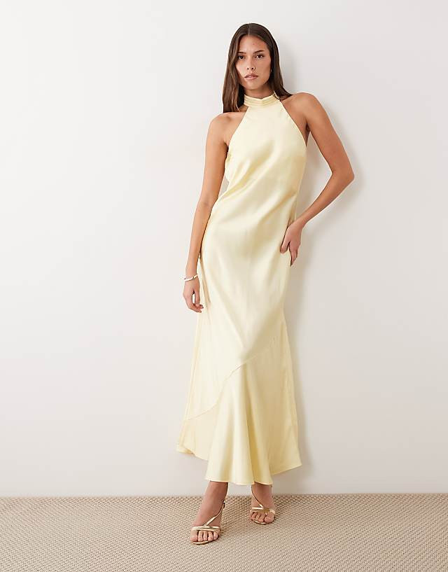 Pastel Yellow Satin Maxi Dress with Halter Neckline Pastel Yellow Satin Maxi Dress with Halter Neckline — Graduation Party Outfits 2027