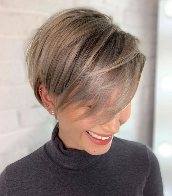 Ash Blonde Pixie with Long Side Bangs Ash Blonde Pixie with Long Side Bangs — Soft Pixie 2027