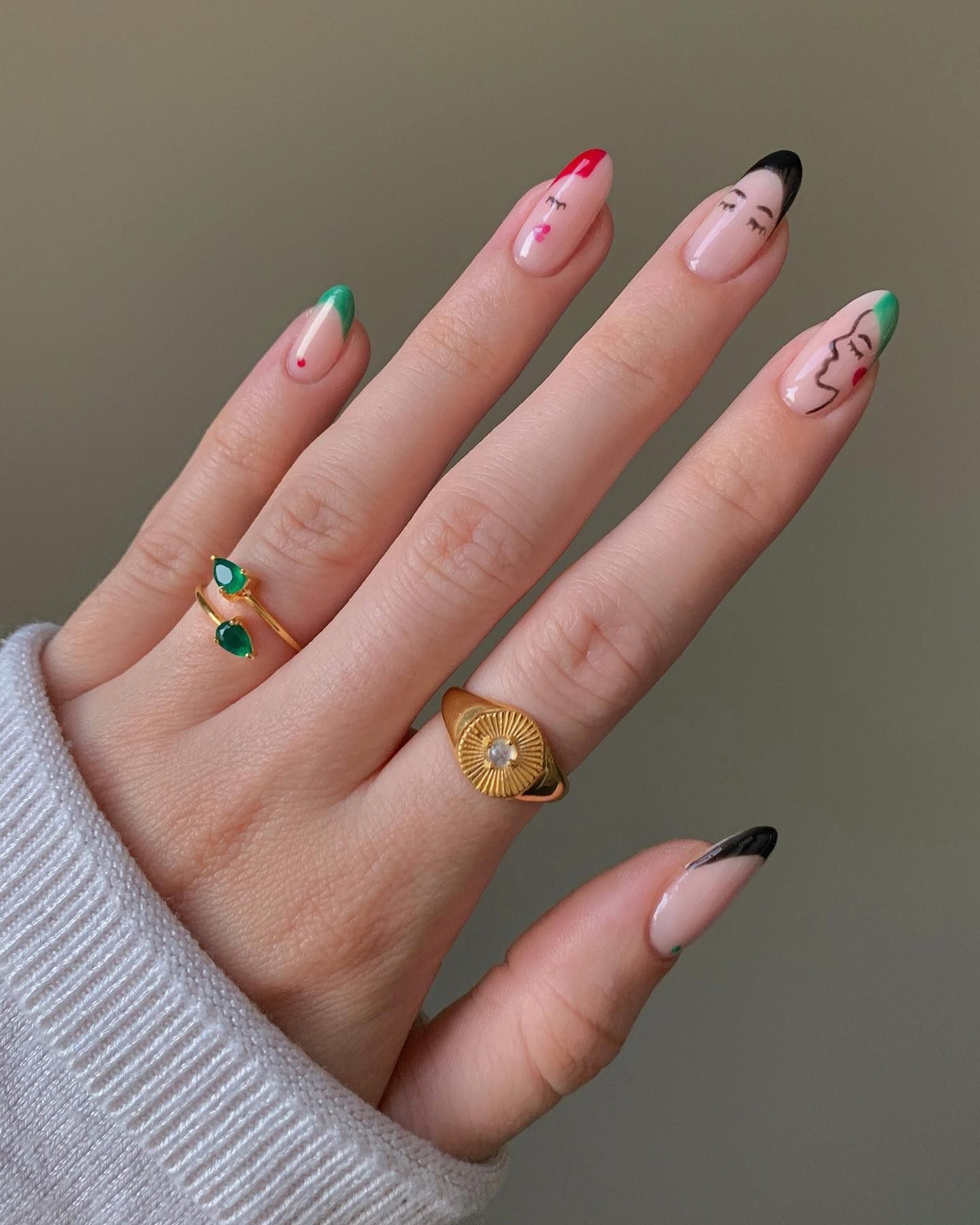 Abstract Face French Tip Almonds — Prom Press On Nails 2027