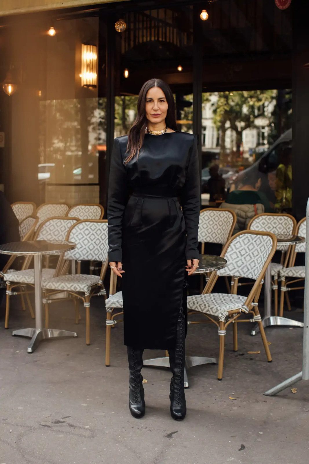 Black Long-Sleeved Satin Dress With Belt Outfit Idea Black Long-Sleeved Satin Dress With Belt Outfit Idea — Dress 2027 with Knee High Boots Outfit