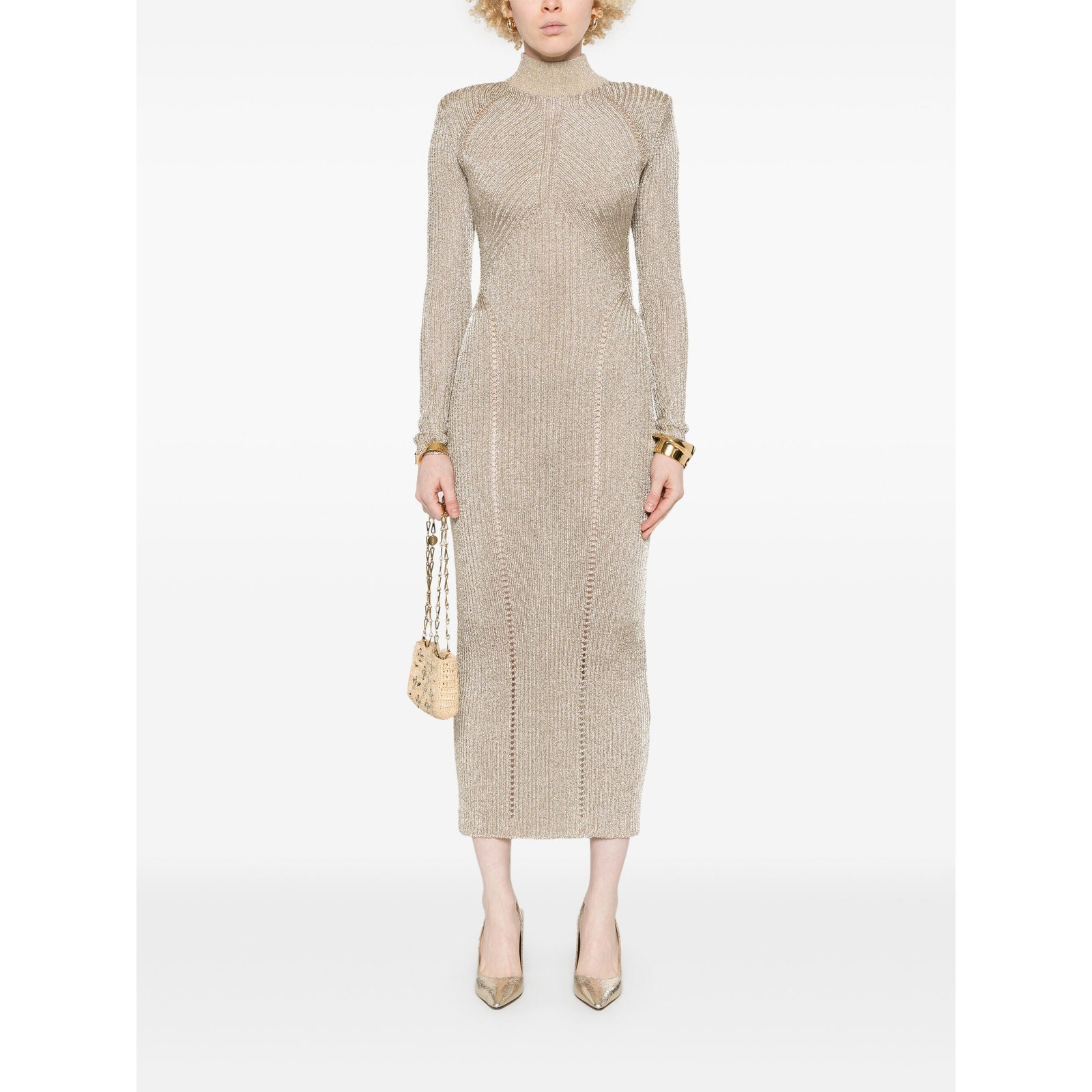Champagne Gold Knit Midi Dress with Ribbed Texture Champagne Gold Knit Midi Dress with Ribbed Texture — Gold Dress Outfits 2027