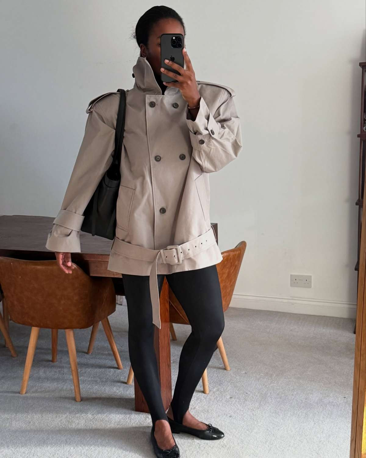 Classic Ensemble: Black Leggings with Trench Coat and Ballet Flats Classic Ensemble: Black Leggings with Trench Coat and Ballet Flats — Flare Leggings Outfits 2027