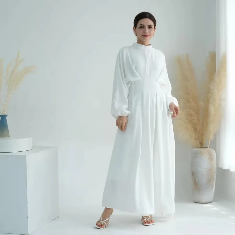 White Long-Sleeve Maxi Dress with Pleated Waist White Long-Sleeve Maxi Dress with Pleated Waist — Modest Dresses 2027
