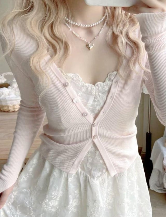 Cozy Pink Cardigan over White Lace Separates — Coquette Lace Outfits 2027