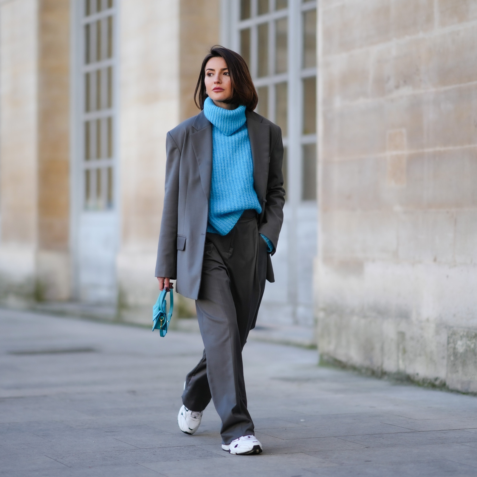 Bright Blue Turtleneck Under Oversized Grey Blazer Bright Blue Turtleneck Under Oversized Grey Blazer — Oversized Sweater Outfits 2027