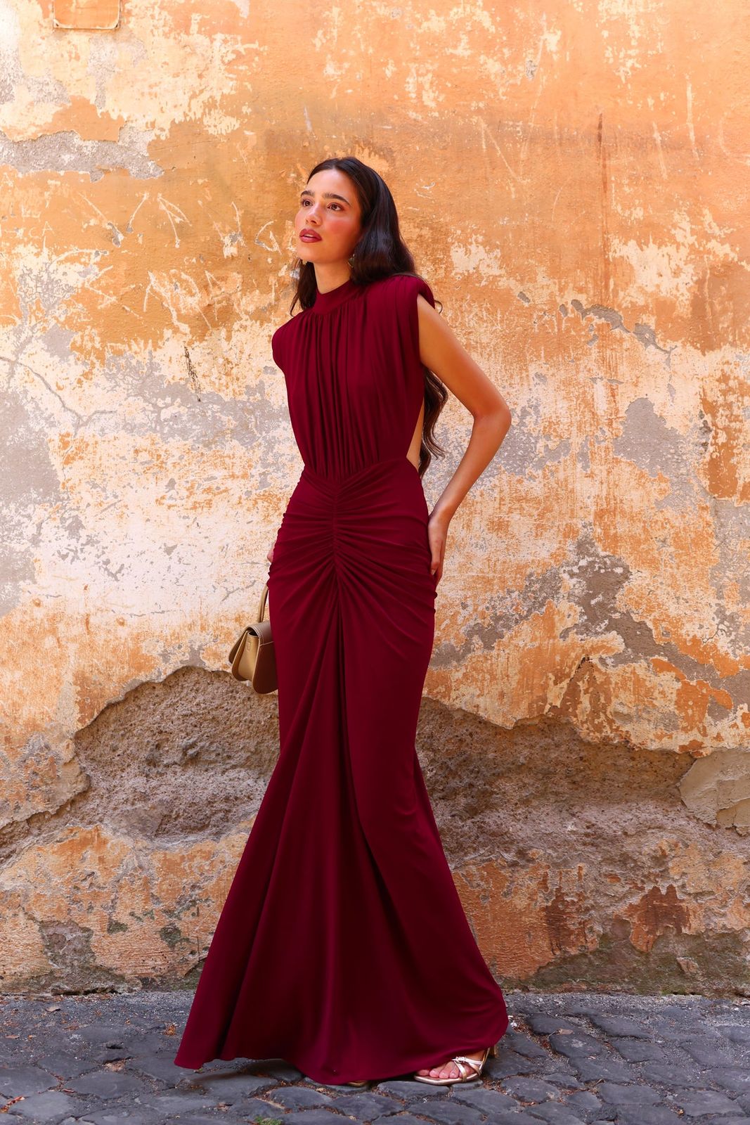 Deep Burgundy Mermaid Maxi Dress with Dramatic Ruching Deep Burgundy Mermaid Maxi Dress with Dramatic Ruching — Party Outfits 2027