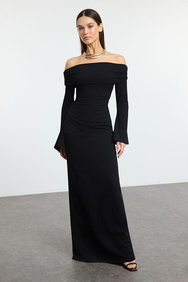 Black Floor-Length Off-the-Shoulder Dress with Bell Sleeves Black Floor-Length Off-the-Shoulder Dress with Bell Sleeves — Off the Shoulder Dresses 2027