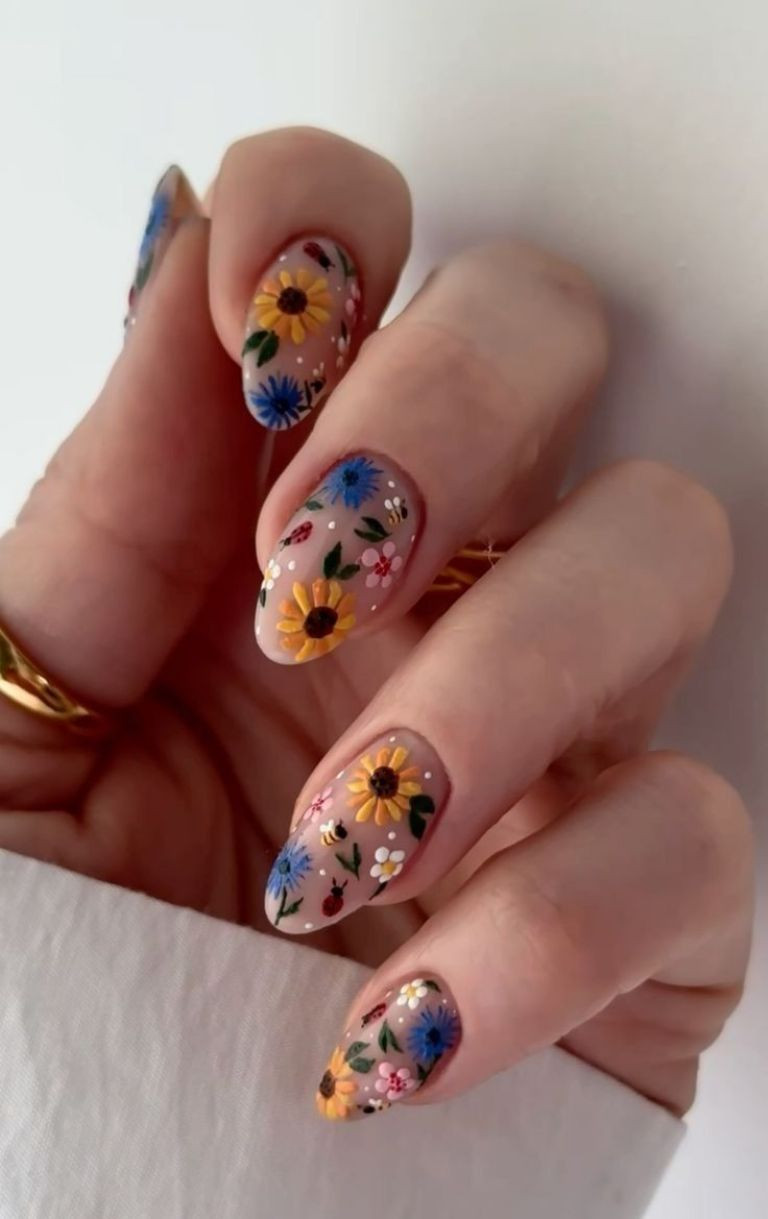 Floral and Insect Nude Almond Nails Floral and Insect Nude Almond Nails — Spring Floral Nails 2027