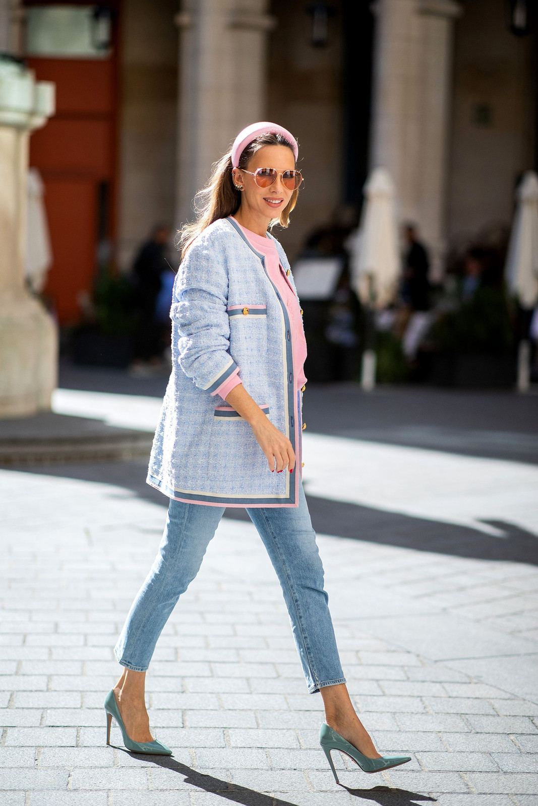 Preppy Chic: Tweed Jacket and Teal Heels Preppy Chic: Tweed Jacket and Teal Heels — Skinny Jeans Outfits 2027