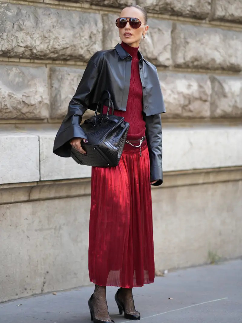 Leather Jacket Over Red Turtleneck and Pleated Skirt for Valentine's — Casual Valentines Outfits 2027