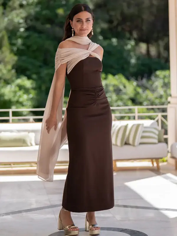 Maroon Chiffon Deep V-Neck Dress with Ruching Maroon Chiffon Deep V-Neck Dress with Ruching — Wedding Guest Outfits Cocktail 2027