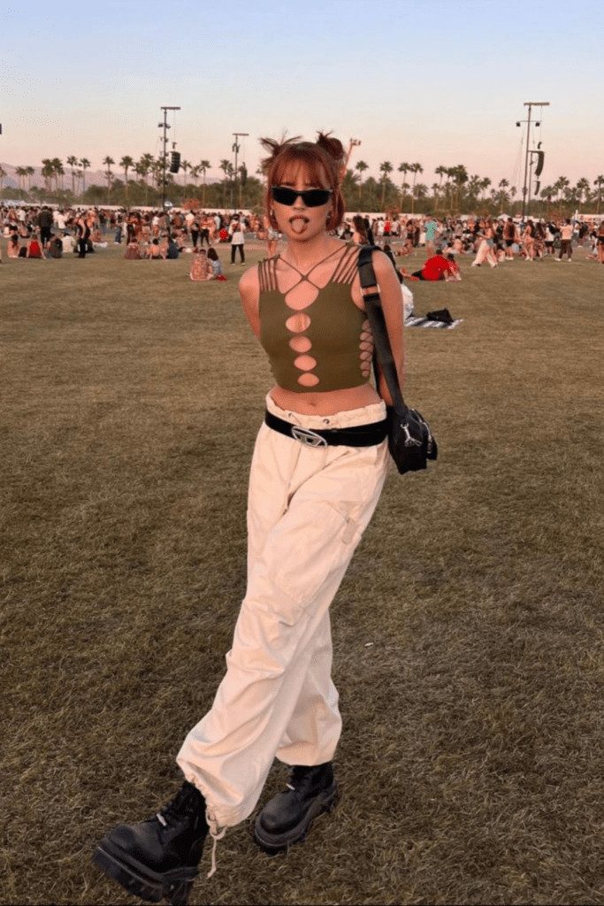 Olive Green Lace-Up Crop Top with Cargo Pants — Summer Country Concert Outfits 2027