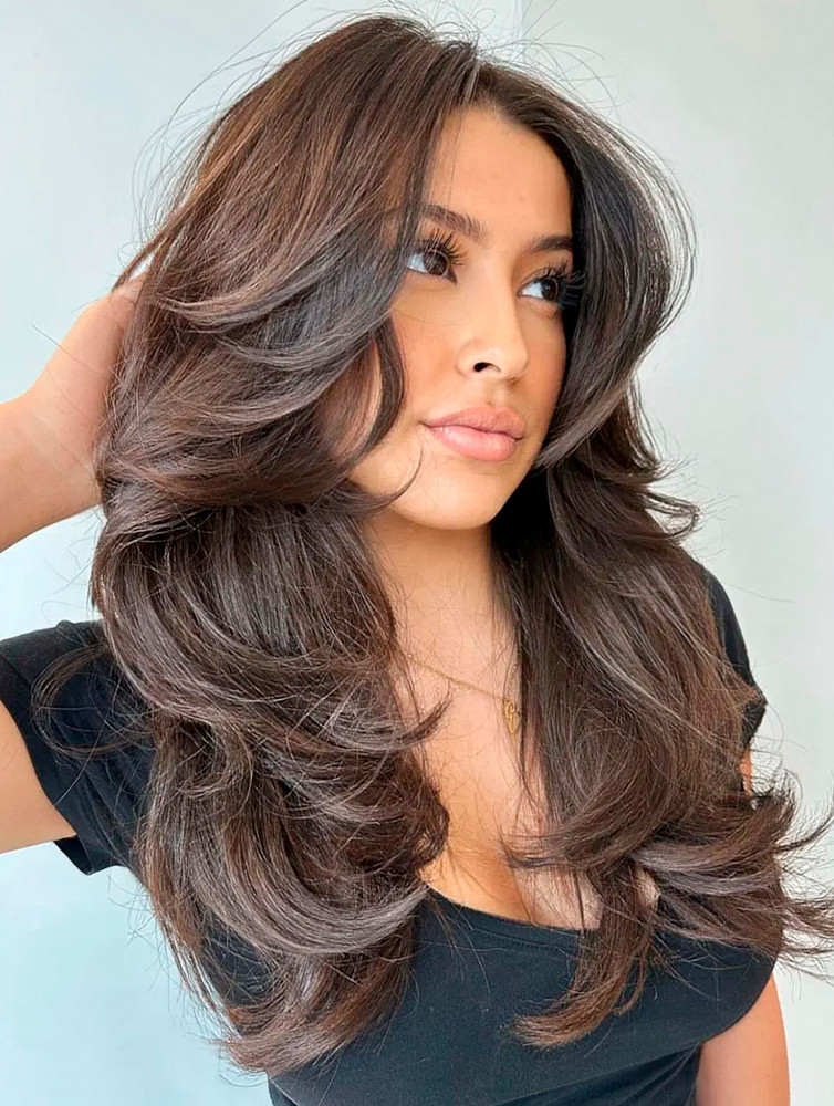 Mid-Back Dark Brown With Caramel Highlights Mid-Back Dark Brown With Caramel Highlights — Hair Color 2027 for Long Face