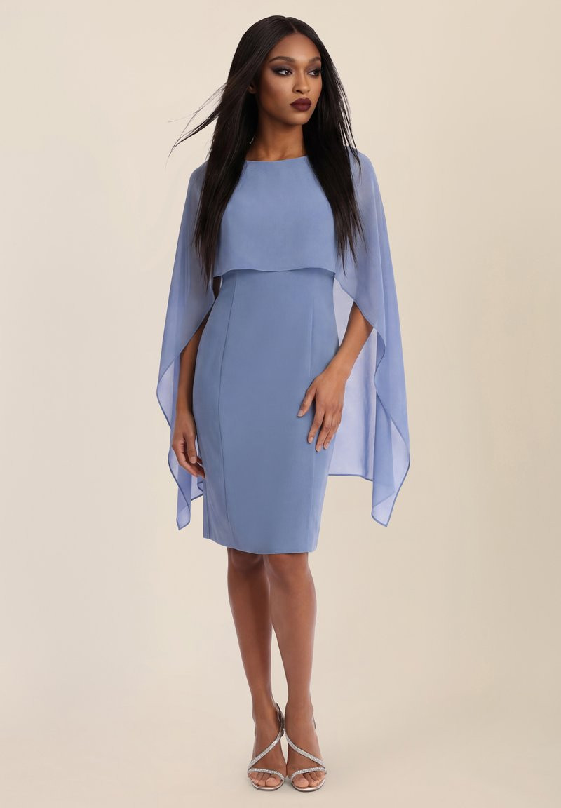 Elegant Baby Blue Sheath Dress with Sheer Cape for Formal Events Elegant Baby Blue Sheath Dress with Sheer Cape for Formal Events — Baby Blue Outfits 2027