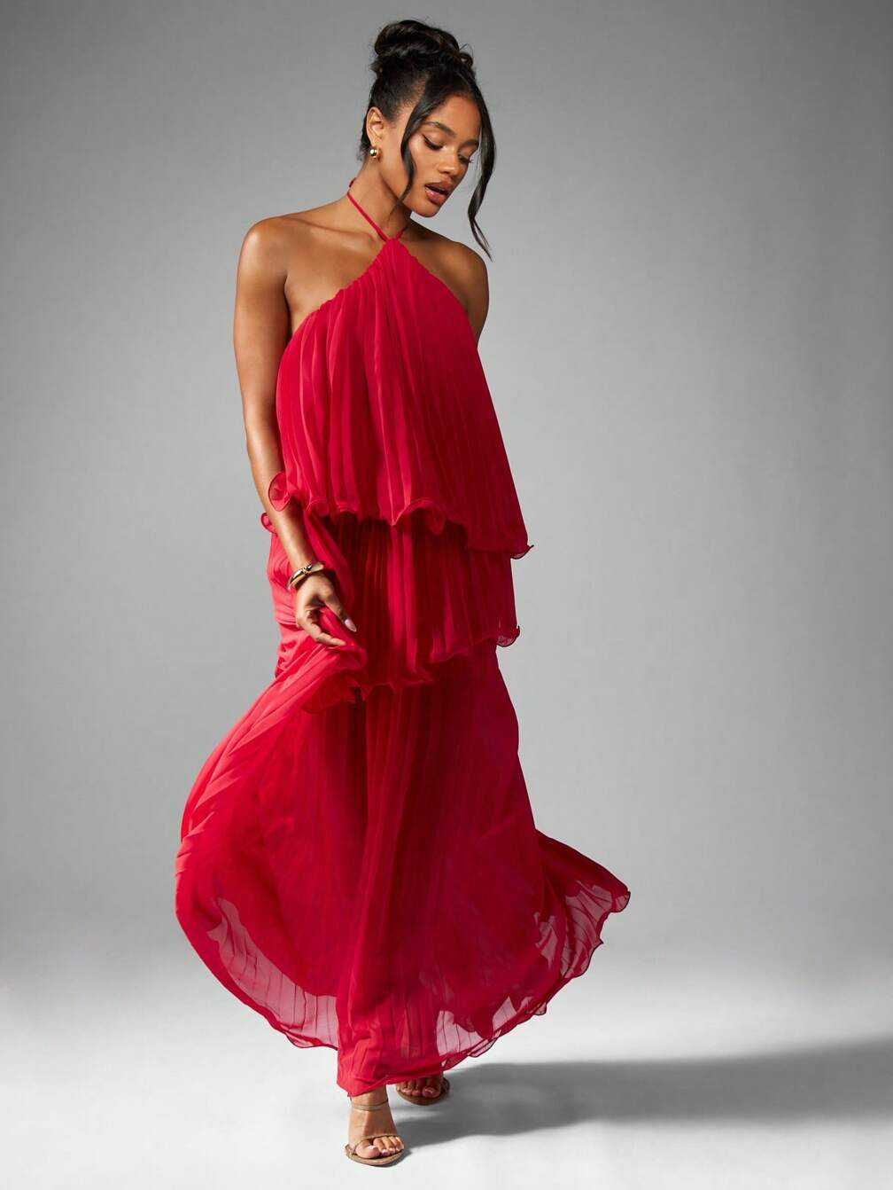 Evening Wear Party Red Chiffon Halter Neck Tiered Maxi Dress Tiered Dresses 2027