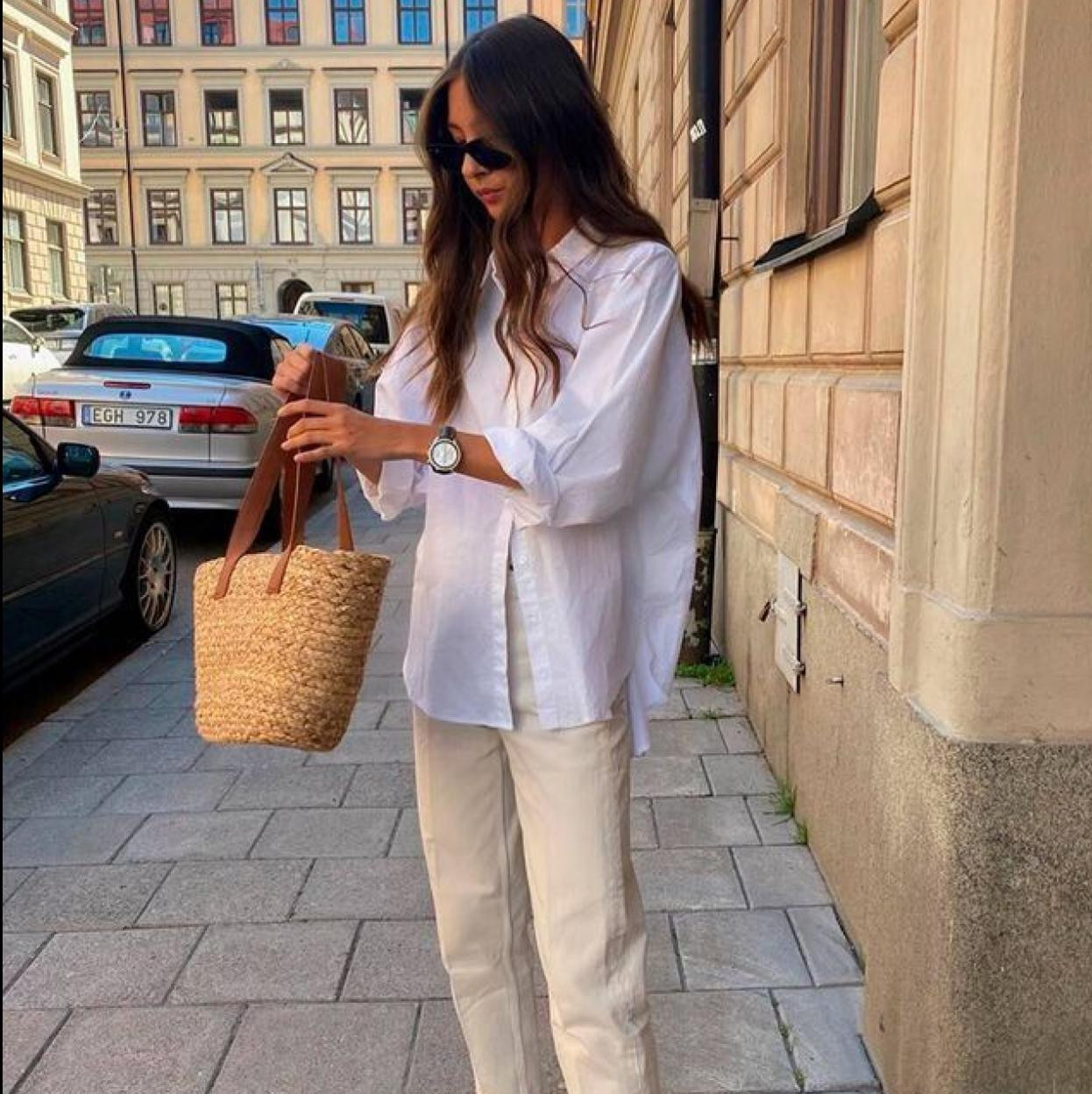 Relaxed Beige Trousers with Oversized Shirt and Straw Tote Relaxed Beige Trousers with Oversized Shirt and Straw Tote — Spring Trouser Outfits 2027