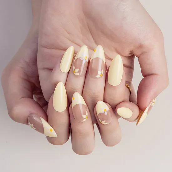 Pale Yellow & Nude Floral French Almonds Pale Yellow & Nude Floral French Almonds — Spring Press On Nails 2027