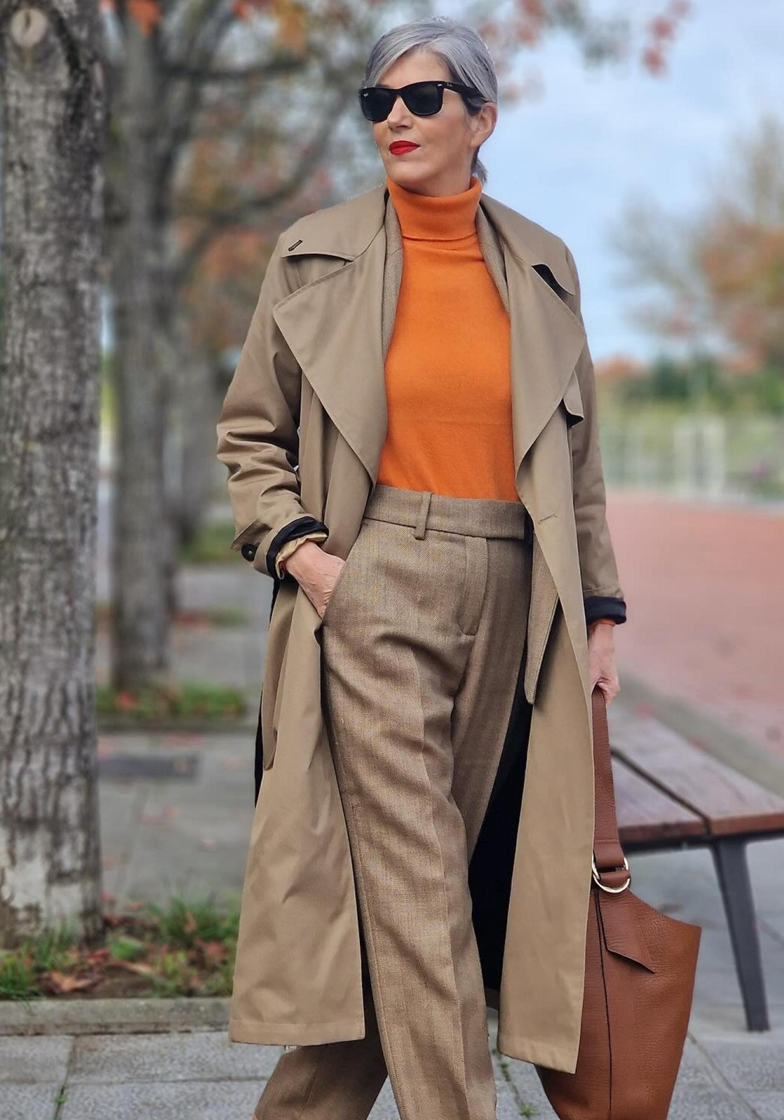 Bright Orange Turtleneck with Beige Trench Coat Bright Orange Turtleneck with Beige Trench Coat — Turtleneck Sweater Outfits 2027