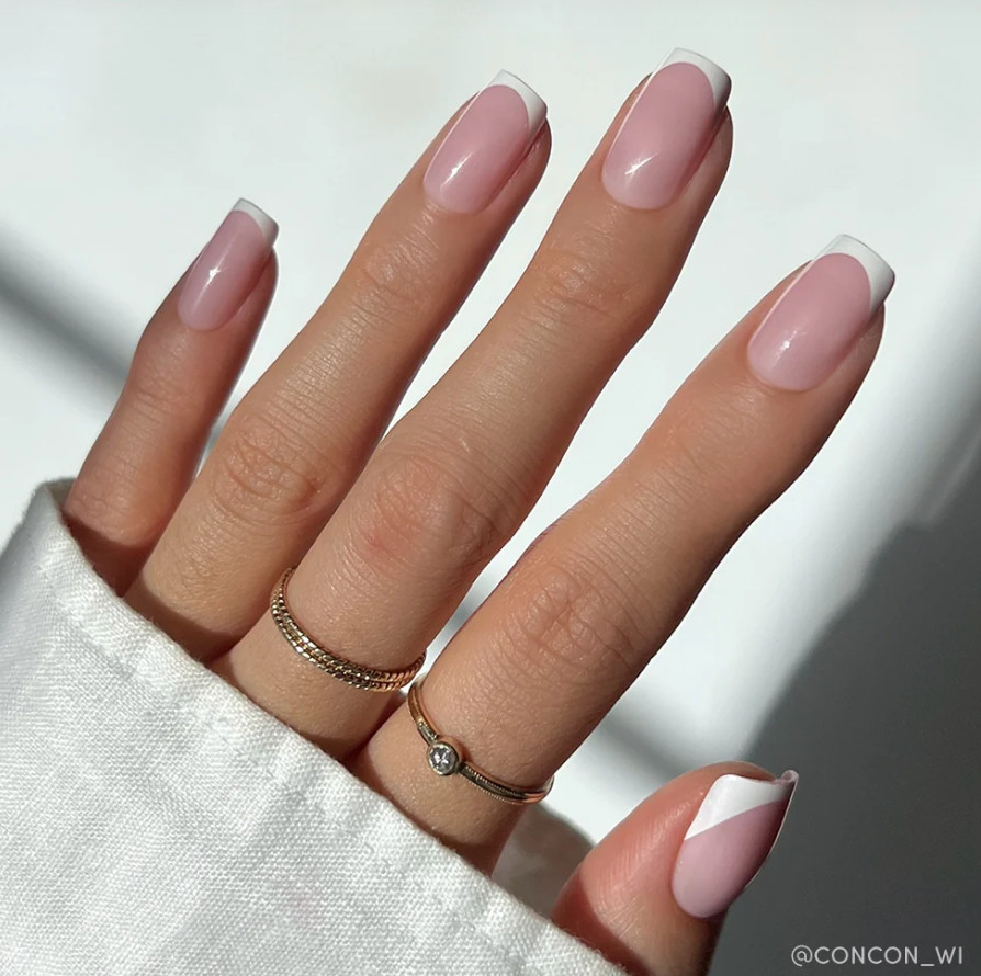 Diagonal Line Accent French Nails — Wedding French Tip Nails 2027