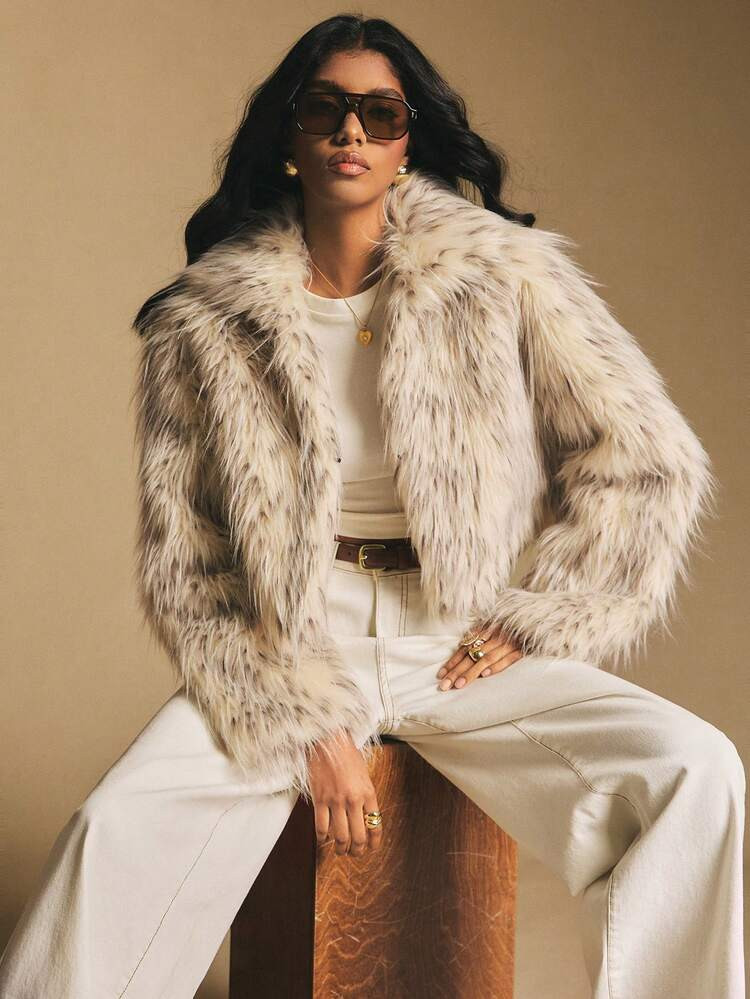 Beige Cropped Faux Fur Jacket with White Set Beige Cropped Faux Fur Jacket with White Set — Faux Fur Outfits 2027