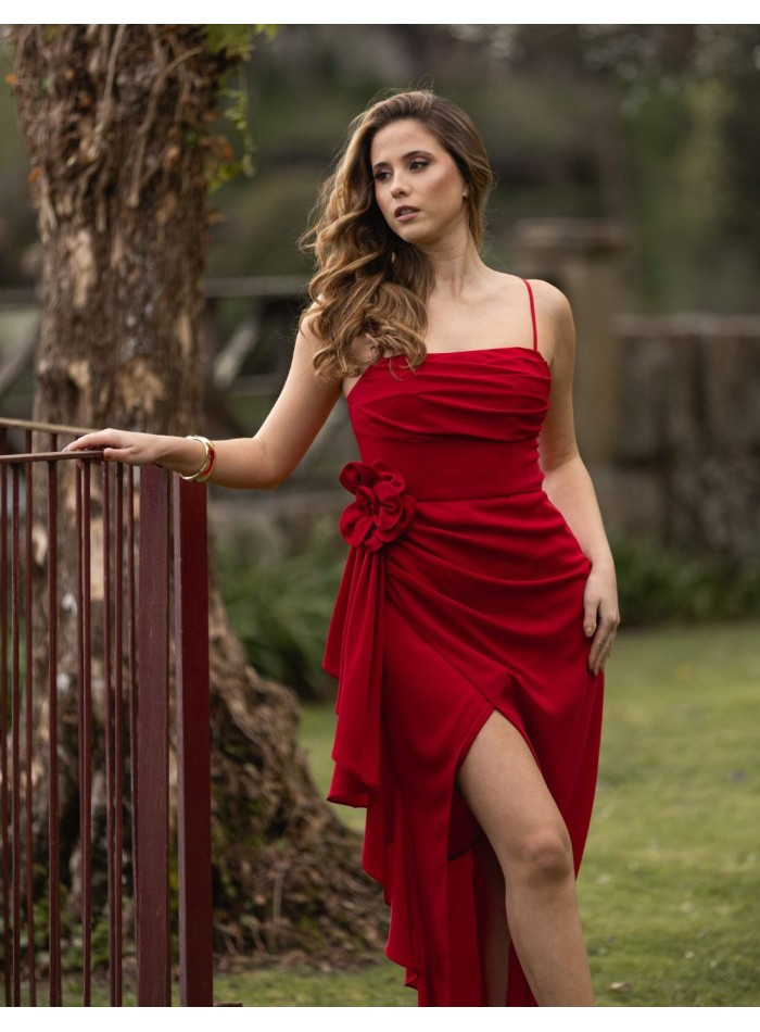 Red Ruched Spaghetti Strap Dress with Floral Hip Embellishment Red Ruched Spaghetti Strap Dress with Floral Hip Embellishment — Red Prom Dresses 2027
