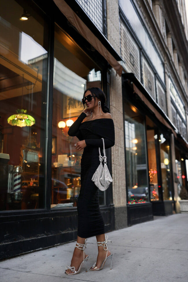 Ruched Midi Dress with Statement Silver Heels Ruched Midi Dress with Statement Silver Heels — New Years Eve Outfits 2027