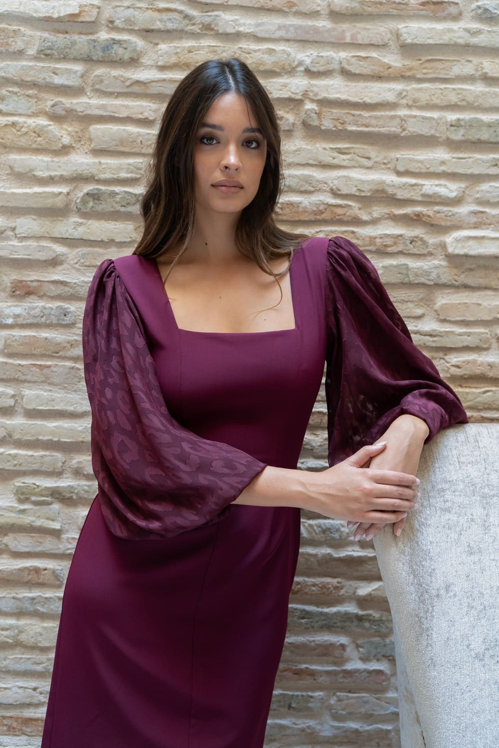 Burgundy Statement: Textured Dress with Puffed Sleeves Burgundy Statement: Textured Dress with Puffed Sleeves — Mothers Day Outfits 2027
