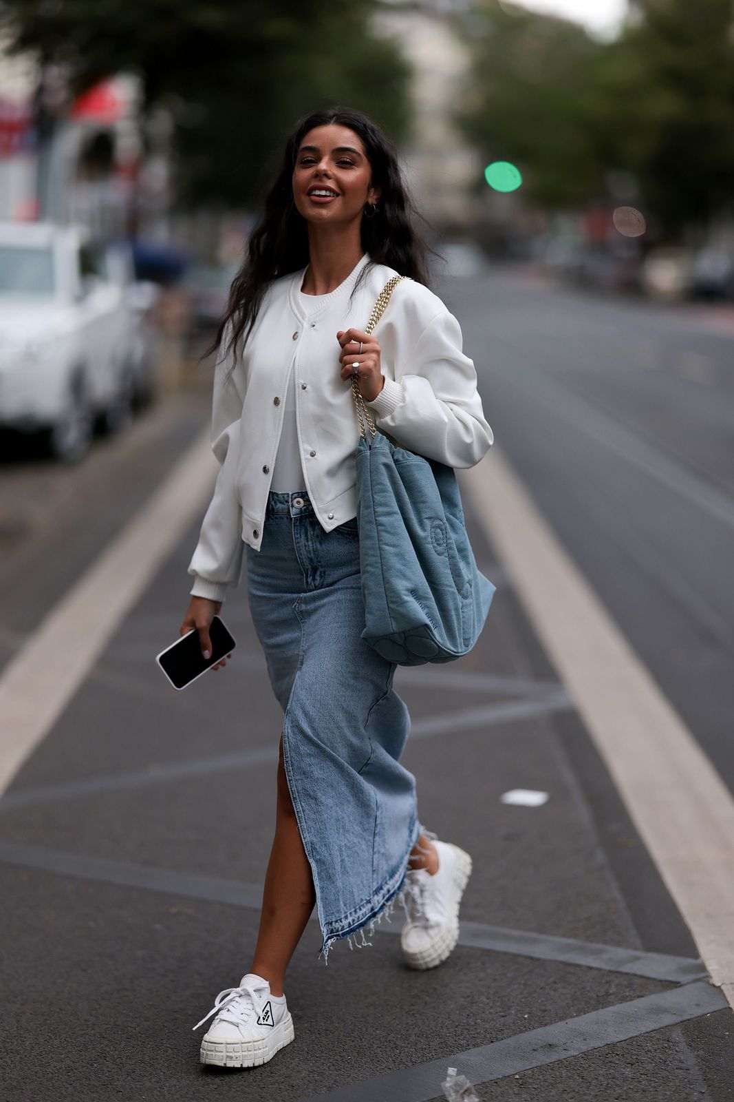 White Crew Neck Top White Bomber Jacket White Bomber Jacket and Maxi Denim Skirt with Platform Sneakers White Crew Neck Top White Bomber Jacket White Bomber Jacket and Maxi Denim Skirt with Platform Sneakers — White Sneakers Outf
