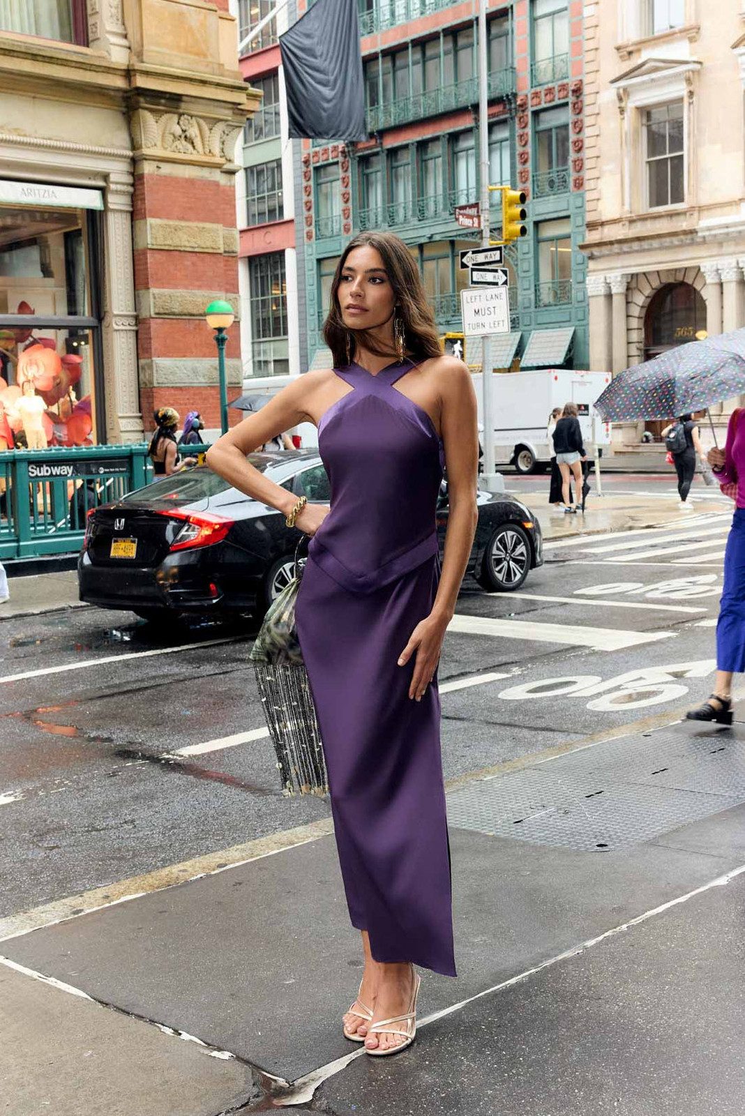 Vibrant Purple Satin Midi Dress with Asymmetrical Draped Neckline Vibrant Purple Satin Midi Dress with Asymmetrical Draped Neckline — Going Out Dresses 2027