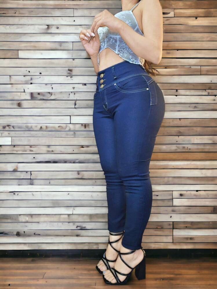 Dark Blue High-Waisted Skinny Jeans with Lace Bralette and Strappy Heels — Scene Skinny Jeans Outfits 2027