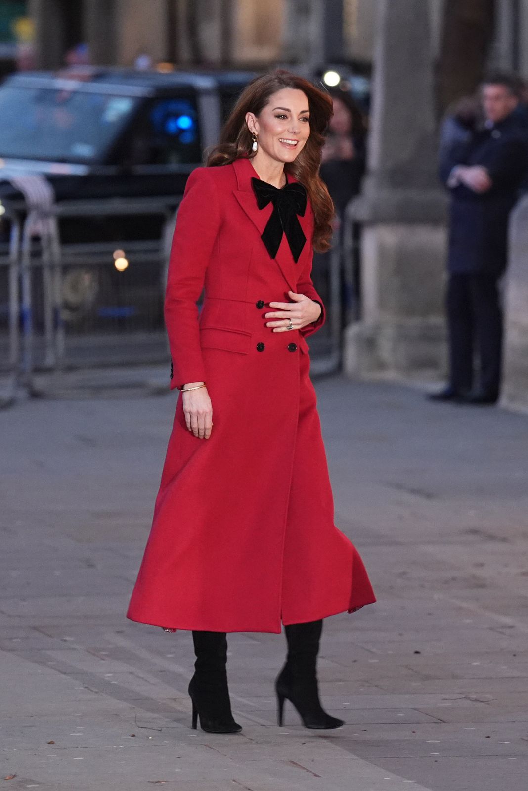 Elegant Red Coat with Black Velvet Bow Detail Elegant Red Coat with Black Velvet Bow Detail — Red Outfits 2027