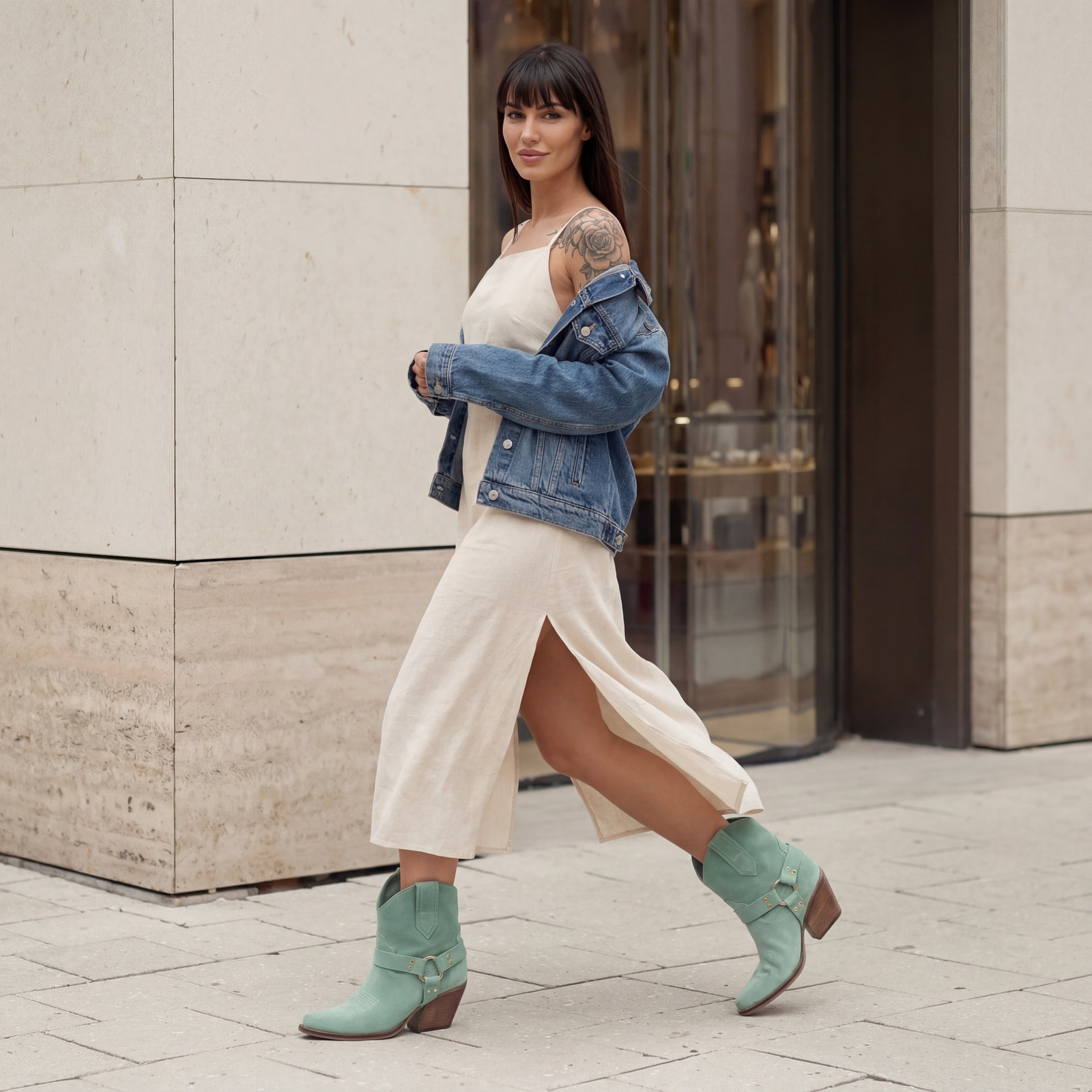Linen Midi Dress and Denim Jacket with Light Blue Cowboy Boots — Austin Outfits 2027