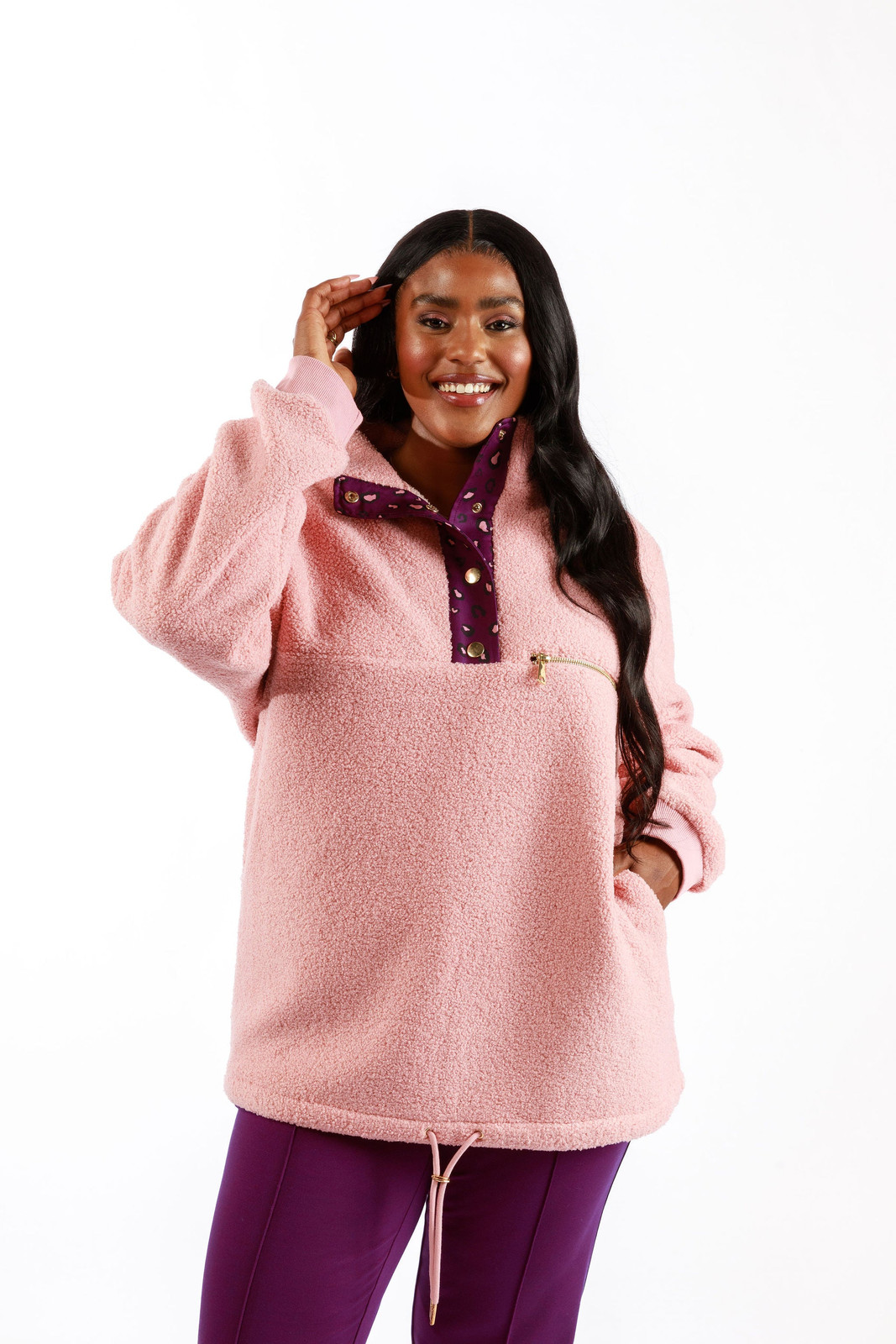 Pink Oversized Fleece Pullover with Purple Accents Pink Oversized Fleece Pullover with Purple Accents — Fleece Outfits 2027