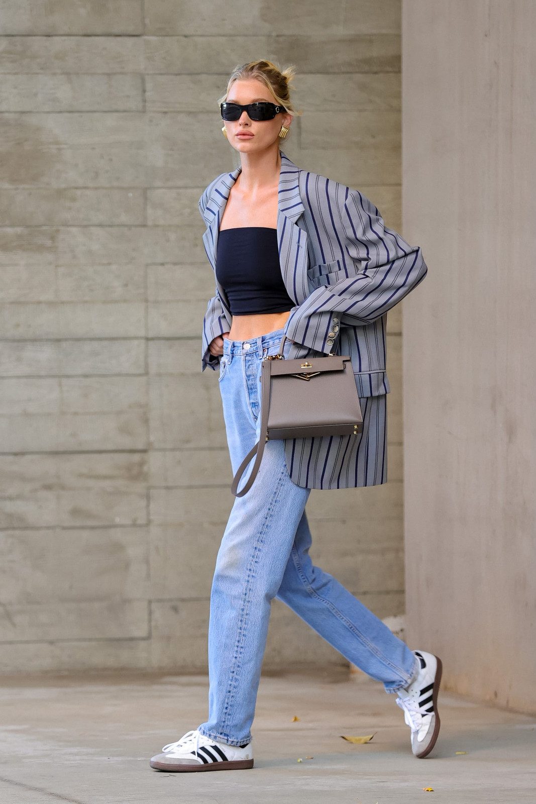Light Blue Straight Leg Jeans with a Pinstripe Blazer and Bandeau Top Light Blue Straight Leg Jeans with a Pinstripe Blazer and Bandeau Top — Straight Leg Jeans 2027